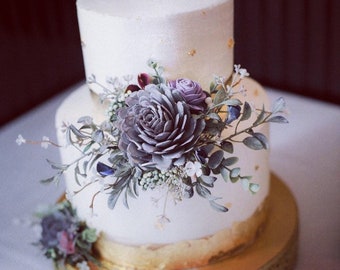Sola Wood Ivory, Plum, Succulent, Wisteria Blue Wedding Cake Flowers, Wedding Cake Top, Eco Friendly, Keepsake, Forever Flowers by Gigi