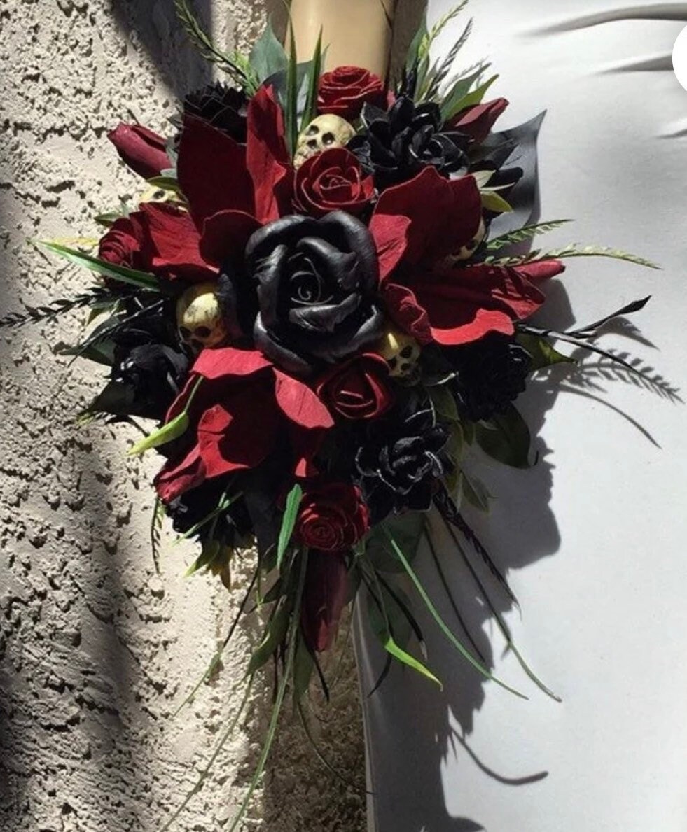 Gothic Wood Flower Bouquet Dark Red Lily Black Rose Skull - Etsy India