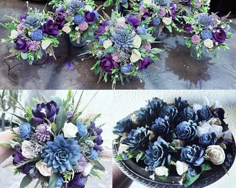 RESERVED LISTING ~Wood Flower Wedding Taryn 4.13.24 - Wood Flower Bouquet Ivory, Light Purple, Plum, Succulent Bridal Bouquet, Boho, Scented