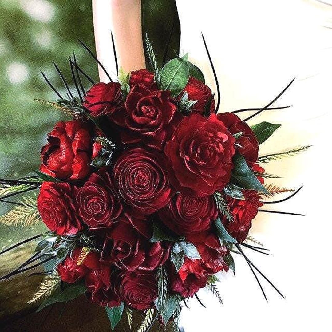 Dark Red Rose Bridal Bouquet: Handmade Sola Wood Flower, Eco-friendly - Etsy, image size:1080x1080