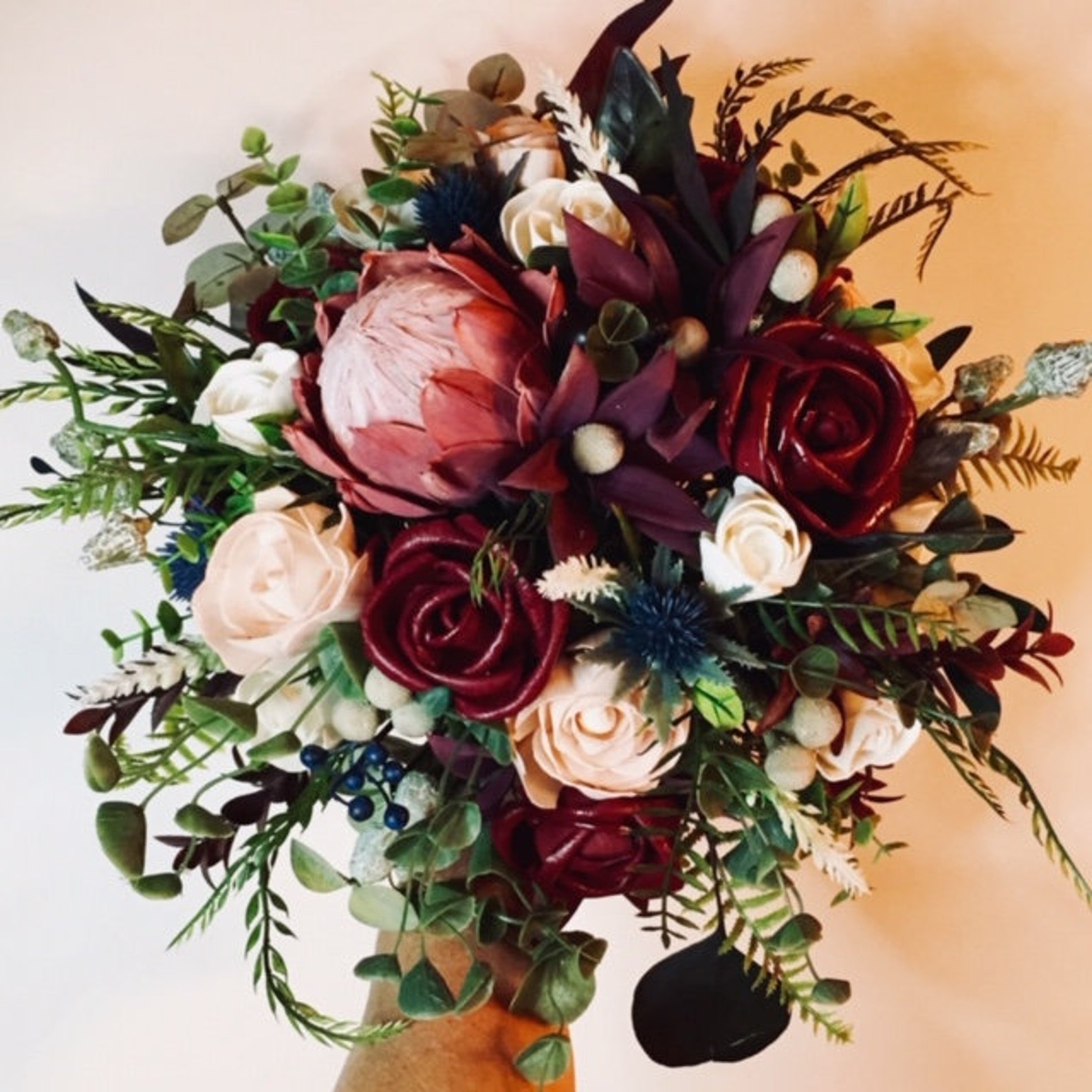 Holz Blumenstrauß in Burgund blaue Distel erröten rosa | Etsy