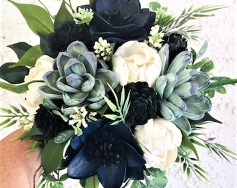 Midnight Blue Succulent Bridal Bouquet Wood Flower Wedding Bouquet Navy Blue  Moody Blooms Wild Gothic Witch Bride Wedding Bouquet l MARIAH
