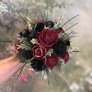The Ava Gothic Wedding Wood Flower Bouquet in Dark Red and Black Wood Rose, Burgundy Goth Bouquet, Scent Options, Keepsake, 8" BRIDESMAID