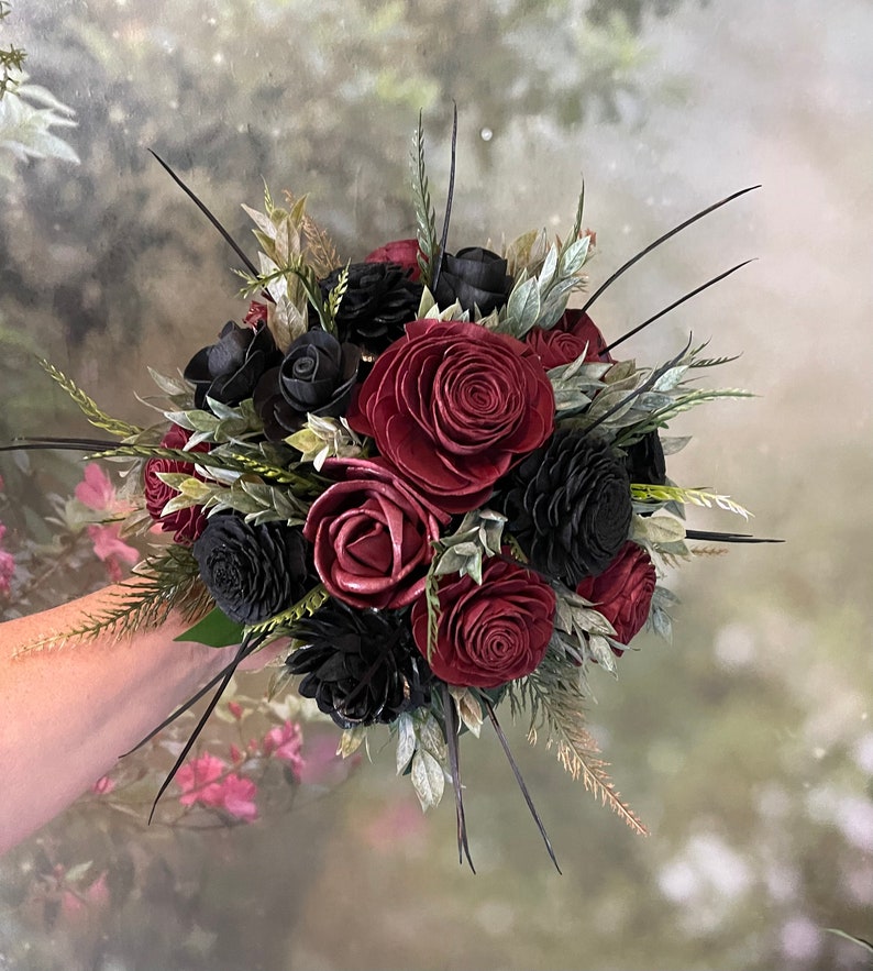 The Ava Gothic Wedding Wood Flower Bouquet in Dark Red and Black Wood Rose, Burgundy Goth Bouquet, Scent Options, Keepsake, 8" BRIDESMAID