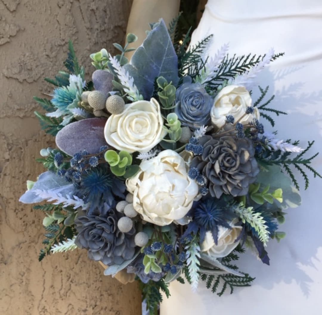 Dusty Blue Dried Flower Bouquet, Blue and Ivory Wedding Flowers –  Flowerholic