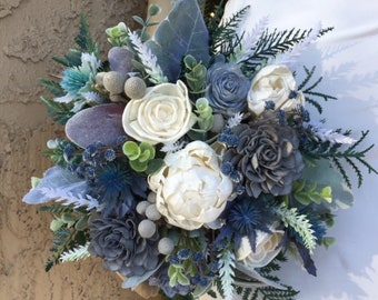 Wood Flower Bouquet in Slate Blue, Dusty Blue Thistle, Brunia Berry, Peony Dahlia, Dusty Miller, Color of the Year, Forever Flowers by Gigi