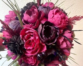 RESERVED LISTING - Sarah 7/24  Magenta/Dark Purple Peonies, Magenta/Bright Pink, Red Roses, Dark Dahlias, Touch of Feathers and Coffee Beans