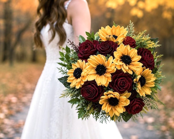 burgundy bridesmaid dresses with sunflower bouquets Yellow Deep Red Rose Rustic Wedding Bouquet, Sola Wood Bridal Bouquet - GOLDIE Perfect for a rustic