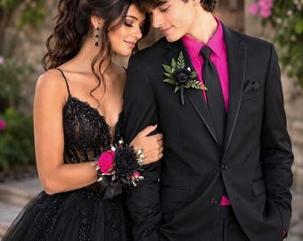 Hot Pink Black Corsage & Boutonniere Set, Sola Wood Goth Prom Flowers, Elegant Wristlet