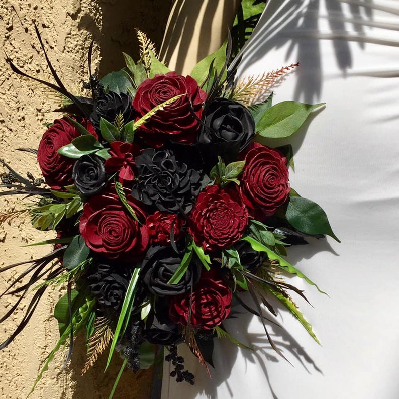 Wood Flower Bouquet in Dark Red and Black Wood Rose Dahlia Etsy