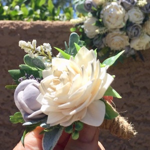 Sola Wood Flower Boutonniere: Dahlia Rose, Succulent Accent