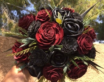 Gothic Wedding Wood Flower Bouquet in Dark Red, Black Wood Rose, Burgundy Goth Bouquet, Boutonniere, Wrist Corsage, Hair Comb, Toss Bouquet