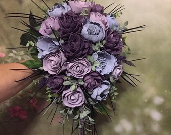 The “Julia” Wood Flower Wedding Bouquet Lavender, Purple, Plum  Goth Bride, Boho Style, Scent Option, EcoFriendly Keepsake, Forever Flowers