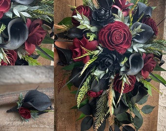 Gothic Wedding Wood Flower Bouquet in Dark Red, Black Wood Rose, Burgundy Goth, Black Calla, Boutonniere, Corsage, Hair Comb, Toss Bouquet