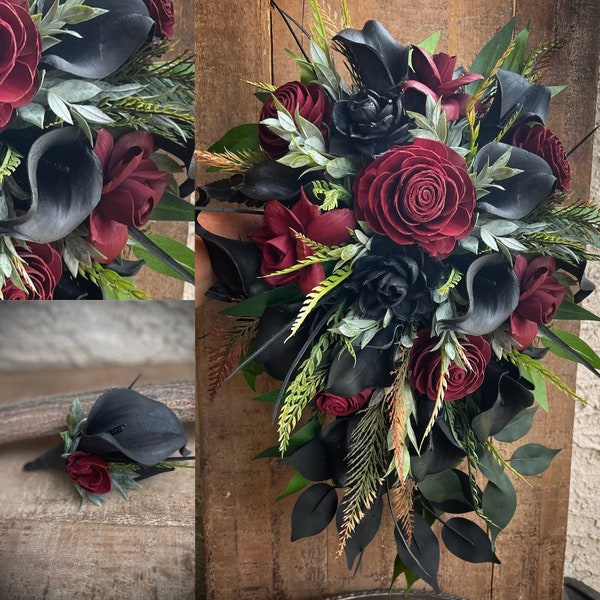 Gothic Wedding Wood Flower Bouquet in Dark Red, Black Wood Rose, Burgundy Goth, Black Calla, Boutonniere, Corsage, Hair Comb, Toss Bouquet