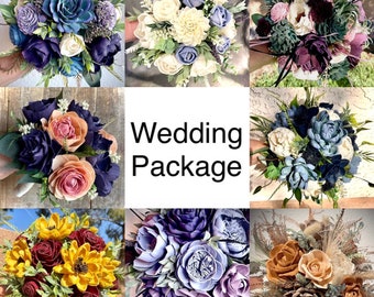 Wood Flower Wedding Package 1 Bride Bouquet, 6 Bridesmaids, 1 Groom, 6 Groomsmen, 2 Father Boutonniere, 2 Mother Corsage, Color/Scent Option