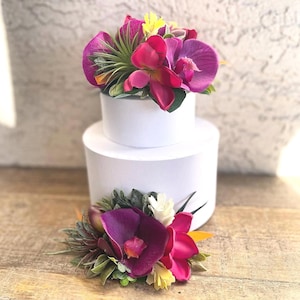 Tropical Wedding Cake Topper: Faux Hawaiian Flowers & Paradise Island Decor