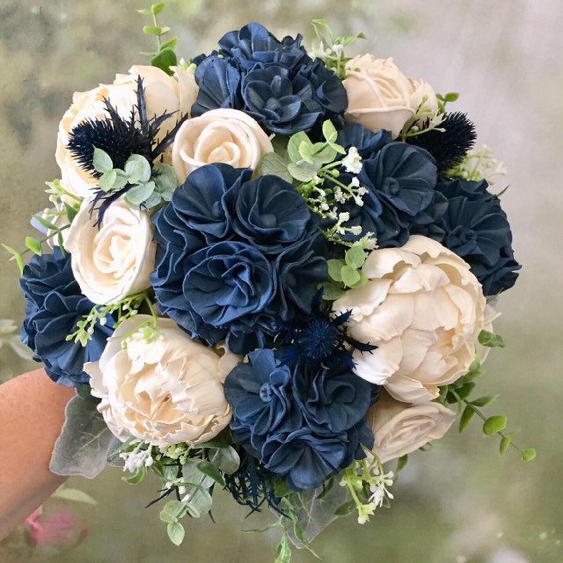Wood Flower Bouquet in Ivory and Blue Sola Wooden Wedding Etsy