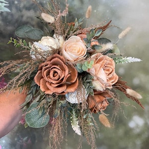 Tea Stained Wood Flower Autumn Wedding Bouquet, Terra Cotta, Beige, Ivory, Roses, Boho Hand Tied, Tails, Grass, Burlap & Coil NEUTRAL