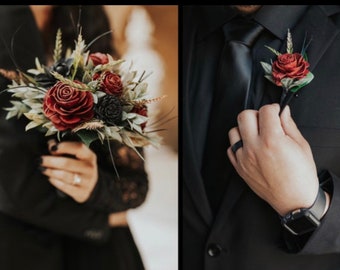 Gothic PROM FLOWERS Wedding Wood Flower Bouquet, Dark Red/Burgundy Black Rose Goth Bouquet, 7/8" Small Wedding Bouquet and Boutonniere Combo