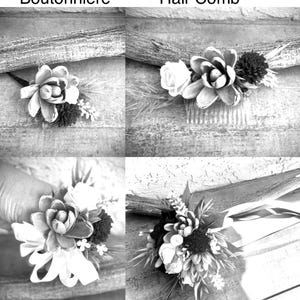 Peut inclure: Image en noir et blanc pr&eacute;sentant quatre compositions florales : boutonni&egrave;re, peigne &agrave; cheveux, corsage de poignet et bouquet &agrave; lancer. Chaque arrangement comprend diverses fleurs et feuillages, avec un accent sur la texture et les d&eacute;tails.