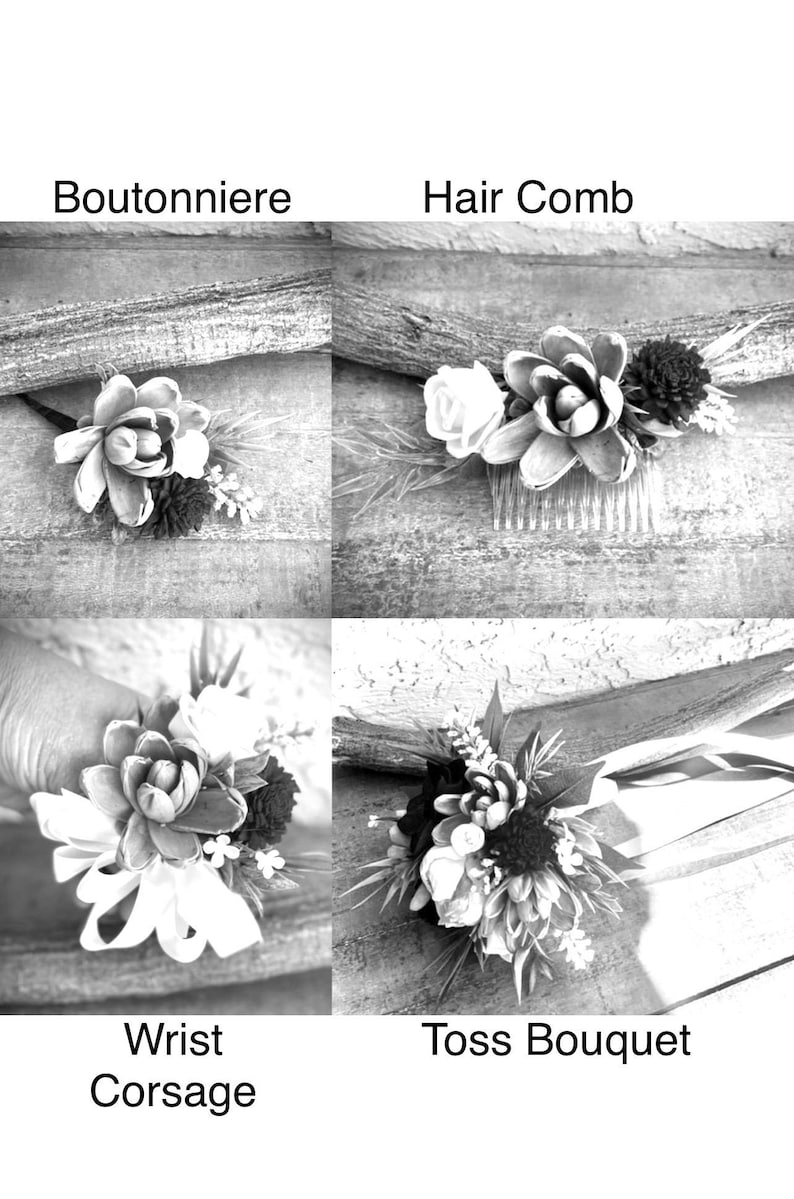 Peut inclure: Image en noir et blanc pr&eacute;sentant quatre compositions florales : boutonni&egrave;re, peigne &agrave; cheveux, corsage de poignet et bouquet &agrave; lancer. Chaque arrangement comprend diverses fleurs et feuillages, avec un accent sur la texture et les d&eacute;tails.