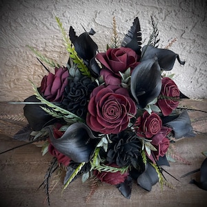 Black Burgundy Sola Flower Bouquet: Gothic Wedding, Dark Romance