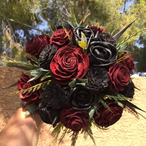 The Ava Gothic Wedding Wood Flower Bouquet in Dark Red and Black Wood Rose, Burgundy Goth Bouquet, Scent Options, Keepsake, 12" BRIDE BOUQUET