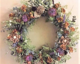 The “Sara” Wreath, Natural Neutral Colors, Sola Wood Flower Wreath, Faux Eucalyptus, Lavender, Floral Keepsake, Forever Flowers by Gigi