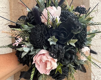 Gothic Wedding Wood Flower Goth Style Bridal Bouquet, All Black Flowers, Dahlia, Marigolds and Roses with Blush Pink Peonies.