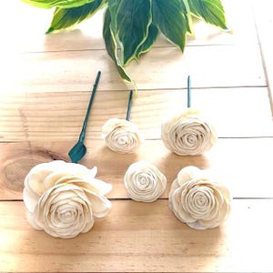 May include: A collection of cream-colored, wooden flower blooms with green stems, arranged on a light wood surface. The flowers vary in size and are in different stages of bloom. Green foliage is visible in the background.