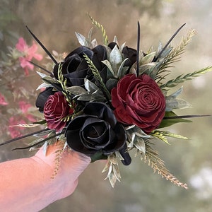 The Ava Gothic Wedding Wood Flower Bouquet in Dark Red and Black Wood Rose, Burgundy Goth Bouquet, Scent Options, Keepsake, 6" FLOWER GIRL