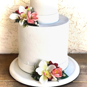 Tropical Wedding Cake Flowers: Pink Peony, White Orchid, Fuchsia Plumeria