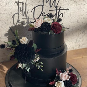 Goth Wood Flower Wedding Cake, Black Rose Cake Flowers, Gothic, Moody, Noir Dark Red, Burgundy, Blush, Black, Ivory, Cake Decor, Cake Top image 9