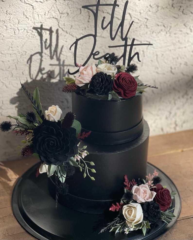 Goth Wood Flower Wedding Cake, Black Rose Cake Flowers, Gothic, Moody, Noir Dark Red, Burgundy, Blush, Black, Ivory, Cake Decor, Cake Top image 9