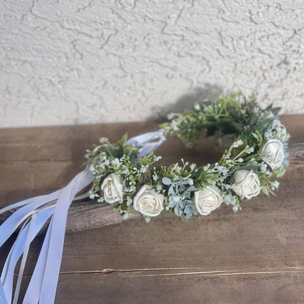 READY to SHIP Wood Flower Crown, White Rose and Babies Breath Bridal Halo, 17" Round and Adjustable, Wedding Hair, Forever Flowers by Gigi