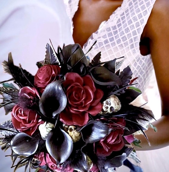 black bridesmaid dresses with red roses Black Red Roses Wedding Bouquet, Black Navy Red Halloween Gothic Wedding  Bouquet, Black Burgundy Vampire Wedding Bouquet