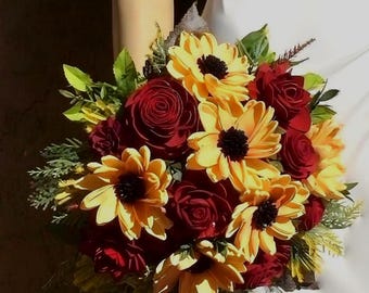 Wedding Flowers Fall Bouquet in Deep Red Roses and Sunflowers Sola Wood Flower Bouquet for Bride Rustic Wedding Bouquet Burlap Wrap l GOLDIE
