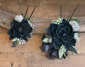 Black Silver Corsage & Boutonniere Set – Sola Wood Goth Prom Flowers, Elegant Wristlet