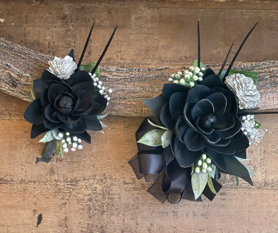 Black Silver Corsage & Boutonniere Set  Sola Wood Goth Prom Flowers,  Elegant Wristlet - Etsy