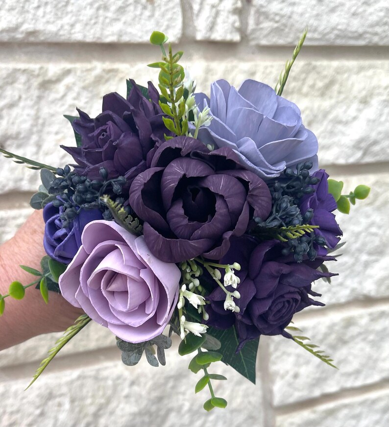 Paquet de fleurs de mariage gothique - Bouquet de mariée en bois de sola violet foncé pourpre clair - JULIANA 6" Flower Girl