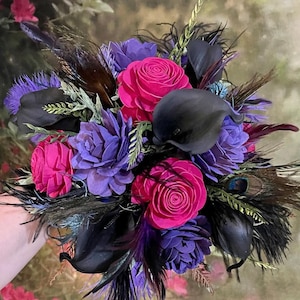 Hot Pink Purple Black Bouquet, Gothic Bouquet, Noir, Goth Bouquet, Wood Flowers, Moody, Black Pink Bouquet, Calla Rose, Feathers | SHERISSA