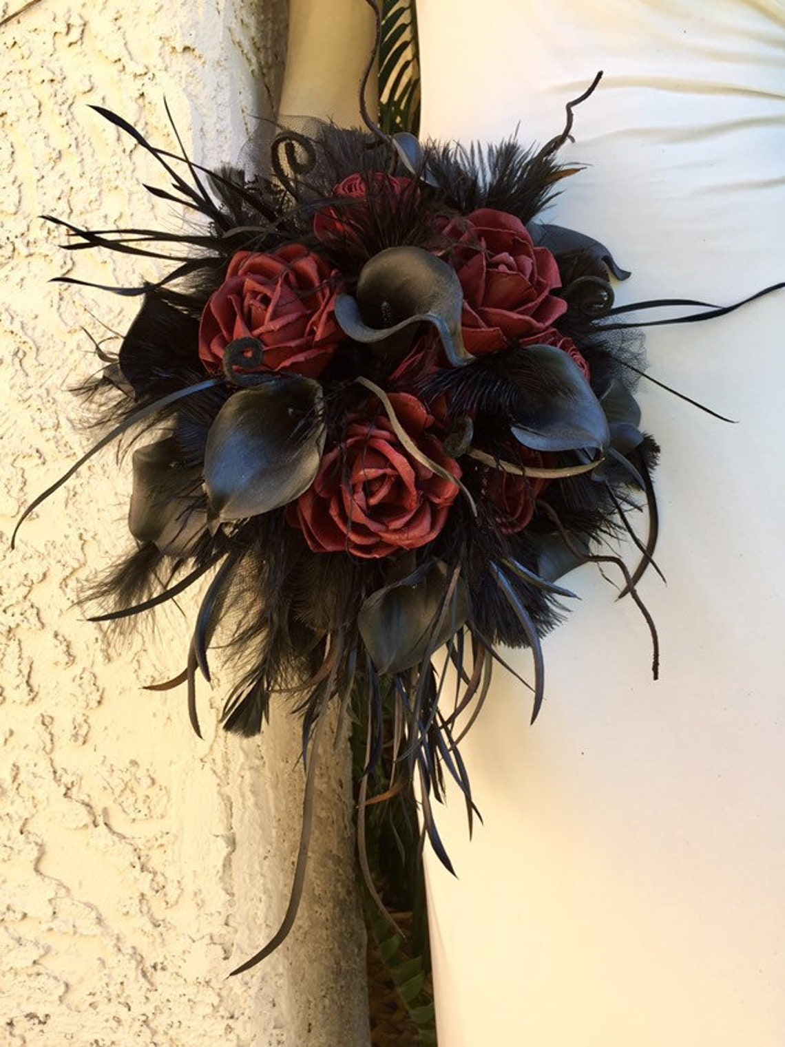 Gothic Wedding Wood Flower Wedding Bouquet Dark Red Rose 11x14 Cascade Buquet