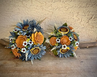 READY to SHIP - Faux Denim Blue Sunflower, Bronze/Yellow Wood Flower Wildflowers, Bride 12"and/or Bridesmaid 8" Fall Wedding Bouquet, Burlap