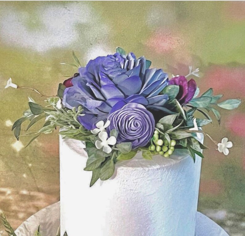 Sola Wood Ivory, Plum, Succulent, Wisteria Blue Wedding Cake Flowers, Wedding Cake Top, Eco Friendly, Keepsake, Forever Flowers by Gigi Topper