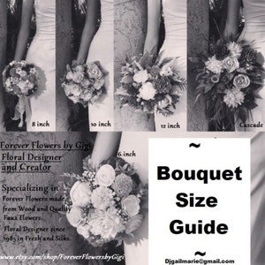 Peut inclure: Image en noir et blanc pr&eacute;sentant un guide des tailles de bouquets. Le guide montre diff&eacute;rents bouquets de fausses fleurs, notamment des styles de 6 pouces, 8 pouces, 10 pouces, 12 pouces et en cascade. Le texte sur l'image indique "Forever Flowers by Gigi" et "Guide des tailles de bouquets."