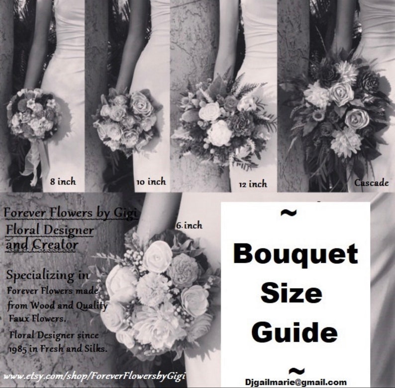 Peut inclure: Image en noir et blanc pr&eacute;sentant un guide des tailles de bouquets. Le guide montre diff&eacute;rents bouquets de fausses fleurs, notamment des styles de 6 pouces, 8 pouces, 10 pouces, 12 pouces et en cascade. Le texte sur l'image indique "Forever Flowers by Gigi" et "Guide des tailles de bouquets."