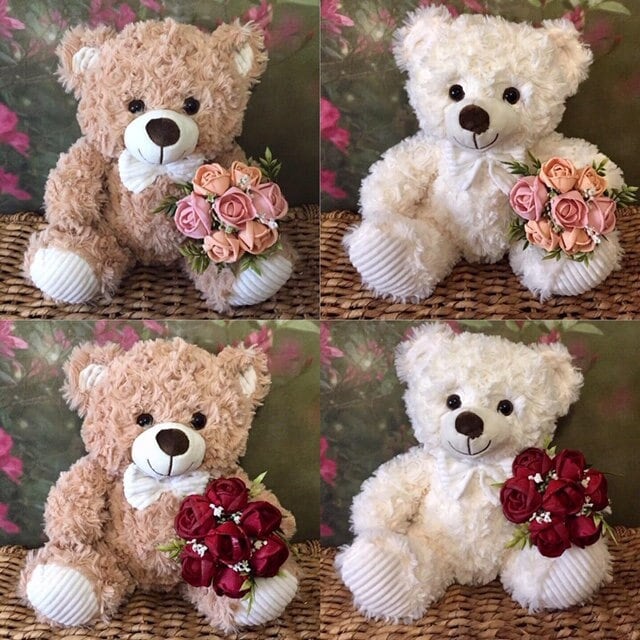 Bouquet de fleurs en bois tenu par un ours en peluche de 13 - Etsy France