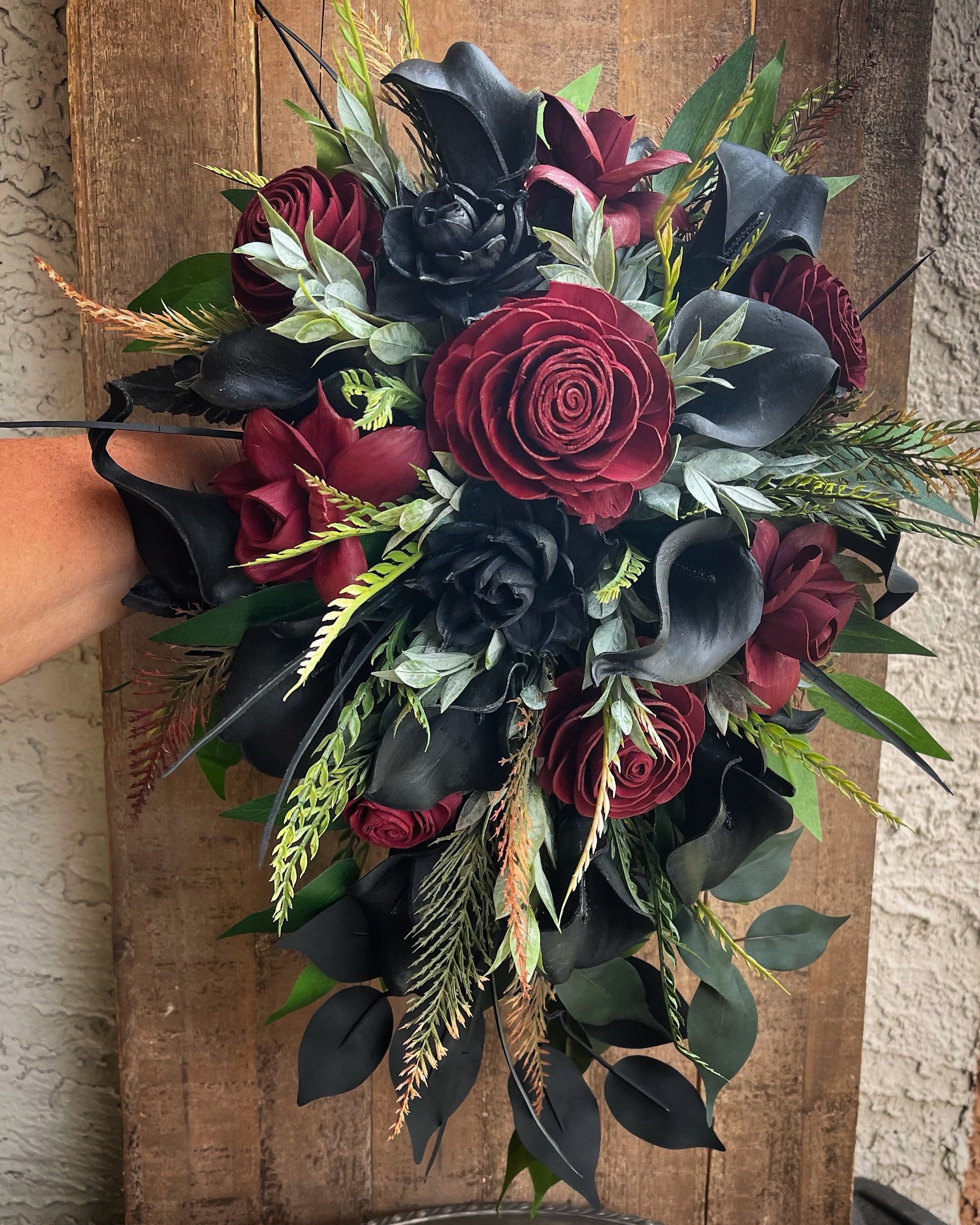 Gothic Wedding Wood Flower Bouquet Boutonniere Dark Red Rose - Etsy