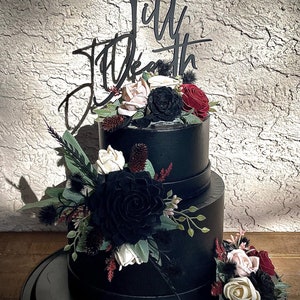 Goth Wood Flower Wedding Cake, Black Rose Cake Flowers, Gothic, Moody, Noir Dark Red, Burgundy, Blush, Black, Ivory, Cake Decor, Cake Top image 6